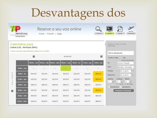 Desvantagens dos
transportes aéreos

 Preço dos bilhetes
elevado dependendo
do destino;
 Poluição do
ambiente;
 Elevado investimento
na manutenção dos
aviões;
 Capacidade limitada
para a bagagem;

 