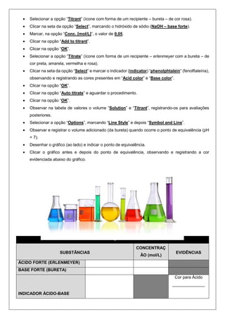 • Selecionar a opção “Titrant” (ícone com forma de um recipiente – bureta – de cor rosa).
• Clicar na seta da opção “Select”, marcando o hidróxido de sódio (NaOH – base forte).
• Marcar, na opção “Conc. [mol/L]”, o valor de 0,05.
• Clicar na opção “Add to titrant”.
• Clicar na opção “OK”.
• Selecionar a opção “Titrate” (ícone com forma de um recipiente – erlenmeyer com a bureta – de
cor preta, amarela, vermelha e rosa).
• Clicar na seta da opção “Select” e marcar o indicador (indicator) “phenolphtalein” (fenolftaleína),
observando e registrando as cores presentes em “Acid color” e “Base color”.
• Clicar na opção “OK”.
• Clicar na opção “Auto titrate” e aguardar o procedimento.
• Clicar na opção “OK”.
• Observar na tabela de valores o volume “Solution” e “Titrant”, registrando-os para avaliações
posteriores.
• Selecionar a opção “Options”, marcando “Line Style” e depois “Symbol and Line”.
• Observar e registrar o volume adicionado (da bureta) quando ocorre o ponto de equivalência (pH
= 7).
• Desenhar o gráfico (ao lado) e indicar o ponto de equivalência.
• Clicar o gráfico antes e depois do ponto de equivalência, observando e registrando a cor
evidenciada abaixo do gráfico.
TITULAÇÃO 1
SUBSTÂNCIAS
CONCENTRAÇ
ÃO (mol/L)
EVIDÊNCIAS
ÁCIDO FORTE (ERLENMEYER)
BASE FORTE (BURETA)
INDICADOR ÁCIDO-BASE
Cor para Ácido
______________
 
