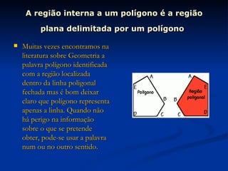 A região interna a um polígono é a região plana delimitada por um polígono   Muitas vezes encontramos na literatura sobre Geometria a palavra polígono identificada com a região localizada dentro da linha poligonal fechada mas é bom deixar claro que polígono representa apenas a linha. Quando não há perigo na informação sobre o que se pretende obter, pode-se usar a palavra num ou no outro sentido. 