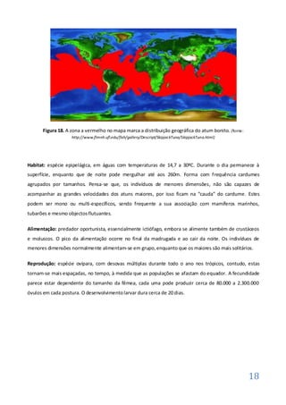 Figura 18. A zona a vermelho no mapa marca a distribuição geográfica do atum bonito. (fonte:
                    http://www.flmnh.ufl.edu/fish/gallery/Descript/SkipjackTuna/SkipjackTuna.html)




Habitat: espécie epipelágica, em águas com temperaturas de 14,7 a 30ºC. Durante o dia permanece à
superfície, enquanto que de noite pode mergulhar até aos 260m. Forma com frequência cardumes
agrupados por tamanhos. Pensa-se que, os indivíduos de menores dimensões, não são capazes de
acompanhar as grandes velocidades dos atuns maiores, por isso ficam na “cauda” do cardume. Estes
podem ser mono ou multi-específicos, sendo frequente a sua associação com mamíferos marinhos,
tubarões e mesmo objectos flutuantes.

Alimentação: predador oportunista, essencialmente ictiófago, embora se alimente também de crustáceos
e moluscos. O pico da alimentação ocorre no final da madrugada e ao cair da noite. Os indivíduos de
menores dimensões normalmente alimentam-se em grupo, enquanto que os maiores são mais solitários.

Reprodução: espécie ovípara, com desovas múltiplas durante todo o ano nos trópicos, contudo, estas
tornam-se mais espaçadas, no tempo, à medida que as populações se afastam do equador. A fecundidade
parece estar dependente do tamanho da fêmea, cada uma pode produzir cerca de 80.000 a 2.300.000
óvulos em cada postura. O desenvolvimento larvar dura cerca de 20 dias.




                                                                                                      18
 