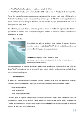 1. “Stock” do Pacífico Norte (entre o equador e a latitude de 40ºN).
2. “Stock” do Pacífico Sul (entre as latitudes 15º e 40ºS, desde a costa do Chile à costa da Nova Zelândia).

Apesar das grandes flutuações nos valores das capturas, verifica-se que a maior parte (60%) provém do
Pacífico Norte. Embora, muitos estudos científicos afirmem que este “stock” se encontra perto da sobre-
pesca, pensa-se que as alterações climáticas vão desempenhar o papel mais importante no valor da
produção futura deste atum.

Por outro lado, são pouco claras as conclusões quanto ao “stock” do Pacífico Sul. Alguns estudos afirmando
que este não se encontra numa situação de sobre-pesca, contudo, os efeitos do aumento das capturas são
ainda difíceis de prever.

       Oceano Índico

                              A introdução de “gillnets” pelágicas como método de captura do atum,
                              aumentou bastante a produção do “stock”, até este ser banido, devido ao seu
                              carácter não selectivo que lesava o ecossistema.




                              Figura 33. Ilustração de “gillnets” pelágicas. (fonte:
                              http://www.greenpeace.org/international/seafood/understanding- the-problem/fisheries-
                              problems-today/midwater-gillnets-2)


Como consequência, as capturas diminuiram novamente e, actualmente, considerando-se que existe um
único “stock” neste oceano, não se conhecendo o seu estado actual, e sendo incerto o resultado de um
aumento do esforço de pesca.

       Oceano Atlântico

Á semelhança do que ocorre nos restantes oceanos, as capturas de atum não evidenciam nenhuma
tendência, positiva ou negativa. A população atlântica de atum voador divide -se em três “stocks”:

1. “Stock” Atlântico Norte.
2. “Stock” Atlântico Sul.
3. “Stock” do Mar Mediterrâneo.

De forma geral, as capturas com palangres flutuantes têm vindo a decair, sendo compensadas por um
maior esforço usando outras técnicas. Apesar dos estudos pouco esclarecedores, acerca do estado dos
“stocks” acredita-se que, o Atlântico Norte está perto da total exploração, sem possibilidade de aumentar
esforços de pesca para níveis sustentáveis.

                                                                                                                  34
 