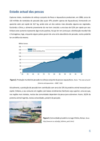 Estado actual das pescas
Capturas totais, resultantes do esforço conjunto da Pesca e Aquacultura produziram, em 2006, cerca de
110 milhões de toneladas de pescado (dos quais 47% provêm apenas de Aquacultura), fornecendo um
aparente valor per capita de 16,7 kg, sendo este um dos valores mais elevados alguma vez registados.
Excluindo a China, o alimento proveniente do mar tem crescido a uma taxa de 0,5% per capita por ano.
Embora este aumento represente algo muito positivo, há que ter em conta que a distribuição mundial não
é homogénea, logo, enquanto alguns países gozam de uma certa abundância de pescado, outros poderão
ter um défice do mesmo.




Figura 2. Produção mundial de pescado no esforço conjunto da pesca e aquacultura. (fonte: “The state of world
                                      fisheries and aquaculture – 2008”, FAO)


Actualmente, a produção de pescado tem contribuído com cerca de 15% da proteína animal necessária per
capita. Embora, o seu consumo em regiões com baixos rendimentos familiares seja superior, uma vez que,
nas regiões mais isoladas, muitas das comunidades dependem da pesca para sobreviver. Assim, 18,5% da
proteína animal ingerida, nestas comunidades, provém do pescado.




                                              Figura 3. Comunidade piscatória no Lago Vitória, Kenya. (fonte:
                                              http://www.iec.ac.uk/wifip_%20intro_part1.html)




                                                                                                           4
 