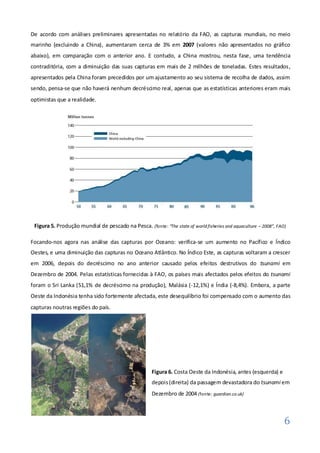 De acordo com análises preliminares apresentadas no relatório da FAO, as capturas mundiais, no meio
marinho (excluindo a China), aumentaram cerca de 3% em 2007 (valores não apresentados no gráfico
abaixo), em comparação com o anterior ano. E contudo, a China mostrou, nesta fase, uma tendência
contraditória, com a diminuição das suas capturas em mais de 2 milhões de toneladas. Estes resultados,
apresentados pela China foram precedidos por um ajustamento ao seu sistema de recolha de dados, assim
sendo, pensa-se que não haverá nenhum decréscimo real, apenas que as estatísticas anteriores eram mais
optimistas que a realidade.




 Figura 5. Produção mundial de pescado na Pesca. (fonte: “The state of world fisheries and aquaculture – 2008”, FAO)

Focando-nos agora nas análise das capturas por Oceano: verifica-se um aumento no Pacífico e Índico
Oestes, e uma diminuição das capturas no Oceano Atlântico. No Índico Este, as capturas voltaram a crescer
em 2006, depois do decréscimo no ano anterior causado pelos efeitos destrutivos do tsunami em
Dezembro de 2004. Pelas estatísticas fornecidas à FAO, os países mais afectados pelos efeitos do tsunami
foram o Sri Lanka (51,1% de decréscimo na produção), Malásia (-12,1%) e Índia (-8,4%). Embora, a parte
Oeste da Indonésia tenha sido fortemente afectada, este desequilíbrio foi compensado com o aumento das
capturas noutras regiões do país.




                                                      Figura 6. Costa Oeste da Indonésia, antes (esquerda) e
                                                      depois (direita) da passagem devastadora do tsunami em
                                                      Dezembro de 2004 (fonte: guardian.co.uk)



                                                                                                                   6
 