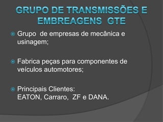Grupo de Transmissões e Embreagens  GTEGrupo  de empresas de mecânica e usinagem;Fabrica peças para componentes de veículos automotores;Principais Clientes: EATON, Carraro,  ZF e DANA.