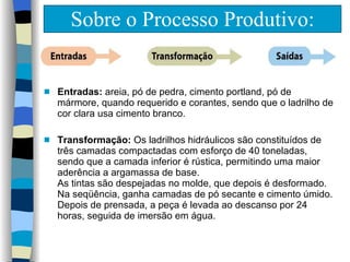 Sobre o Processo Produtivo: Entradas:  areia, pó de pedra, cimento portland, pó de mármore, quando requerido e corantes, sendo que o ladrilho de cor clara usa cimento branco. Transformação:  Os ladrilhos hidráulicos são constituídos de três camadas compactadas com esforço de 40 toneladas, sendo que a camada inferior é rústica, permitindo uma maior aderência a argamassa de base.  As tintas são despejadas no molde, que depois é desformado. Na seqüência, ganha camadas de pó secante e cimento úmido. Depois de prensada, a peça é levada ao descanso por 24 horas, seguida de imersão em água. 