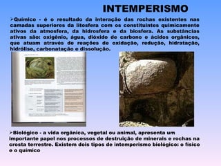 INTEMPERISMO Biológico - a vida orgânica, vegetal ou animal, apresenta um importante papel nos processos de destruição de minerais e rochas na crosta terrestre. Existem dois tipos de intemperismo biológico: o físico e o químico Químico - é o resultado da interação das rochas existentes nas camadas superiores da litosfera com os constituintes quimicamente ativos da atmosfera, da hidrosfera e da biosfera. As substâncias ativas são: oxigênio, água, dióxido de carbono e ácidos orgânicos, que atuam através de reações de oxidação, redução, hidratação, hidrólise, carbonatação e dissolução. 