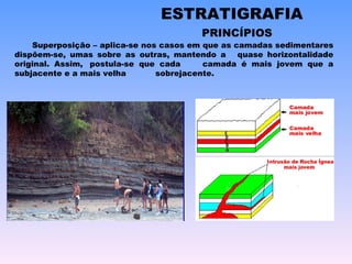 PRINCÍPIOS   Superposição – aplica-se nos casos em que as camadas sedimentares dispõem-se, umas sobre as outras, mantendo a  quase horizontalidade original. Assim,  postula-se que cada  camada é mais jovem que a subjacente e a mais velha  sobrejacente. ESTRATIGRAFIA 