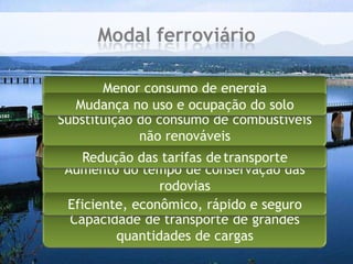 Modal ferroviárioMenor consumo de energiaMudança no uso e ocupação do soloSubstituição do consumo de combustíveis não renováveisRedução das tarifas de	transporteAumento do tempo de conservação das rodoviasEficiente, econômico, rápido e seguroCapacidade de transporte de grandes quantidades de cargas