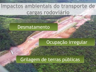 Impactos ambientais do transporte de cargas rodoviárioDesmatamento;Ocupação irregular;Grilagem de terras públicas;Alto nível de emissão de	gases poluentes;Transporte de produtos perigosos de alto risco;Devida à capacidade de transporte restrita, o número de viagens é elevado;Principal combustível são provenientes de combustíveis fósseis.DesmatamentoOcupação irregularGrilagem de terras públicas