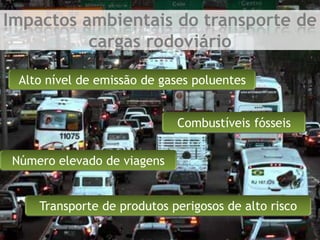 Impactos ambientais do transporte de cargas rodoviárioAlto nível de emissão de gases poluentes Combustíveis fósseisNúmero elevado de viagensTransporte de produtos perigosos de alto risco