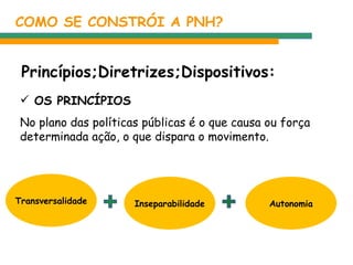 Princípios;Diretrizes;Dispositivos: COMO SE CONSTRÓI A PNH? No plano das políticas públicas é o que causa ou força determinada ação, o que dispara o  movimento. OS PRINCÍPIOS Transversalidade Inseparabilidade Autonomia 