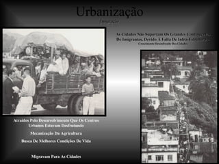 Urbanização Imigração Atraídos Pelo Desenvolvimento Que Os Centros Urbanos Estavam Desfrutando Mecanização Da Agricultura Busca De Melhores Condições De Vida Migravam Para As Cidades As Cidades Não Suportam Os Grandes Contingentes De Imigrantes, Devido À Falta De Infra-Estrutura –  Crescimento Desenfreado Das Cidades 