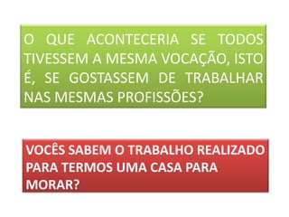 O QUE ACONTECERIA SE TODOS
TIVESSEM A MESMA VOCAÇÃO, ISTO
É, SE GOSTASSEM DE TRABALHAR
NAS MESMAS PROFISSÕES?


VOCÊS SABEM O TRABALHO REALIZADO
PARA TERMOS UMA CASA PARA
MORAR?
 
