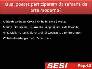 Qual poetas participaram da semana da
             arte moderna?

Mário de Andrade, Oswald Andrade, Lima Barreto,
Menotti Del Picchia, Luís Aranha, Sérgio Buarque de Holanda,
Anita Malfatti, Tarsila do Amaral, Di Cavalcanti, Vitor Brecheret,
Wilhelm Haerberg e Heitor Villa-Lobos
 