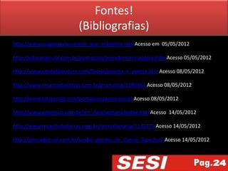 Fontes!
                          (Bibliografias)
http://www.suapesquisa.com/o_que_e/poema.htm Acesso em 05/05/2012

http://educacao.uol.com.br/portugues/trovadorismo-poesia.jhtm Acesso 05/05/2012

http://www.sitedeliteratura.com/Teoria/poema_e_poesia.htm Acesso 08/05/2012

http://www.recantodasletras.com.br/gramatica/1192161 Acesso 08/05/2012

http://www.infoescola.com/portugues/assonancia/ Acesso 08/05/2012

http://www.pitoresco.com.br/art_data/semana/index.htm Acesso 14/05/2012

http://www.recantodasletras.com.br/teorialiteraria/1135375 Acesso 14/05/2012

http://pensador.uol.com.br/sonho_poema_de_clarice_lispector/ Acesso 14/05/2012
 