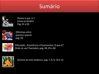 Sumário
  Poema o que é ?
  Como se dividir?
  Pag. 01 e 02


Diferença entre
poema e poesia
pag. 03

Aliteração , Assonância e Paramonásia. O que é?
Onde se usa? Exemplos; pag. 04, 05 e 06



  Semana da arte moderna. pag. 7, 8, 9, 10 e 11
 