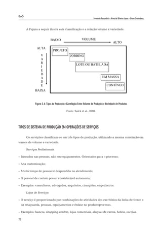 EaD
                                                                      Fernanda Pasqualini – Alceu de Oliveira Lopes – Dieter Siedenberg




      A Figura a seguir ilustra esta classificação e a relação volume x variedade:


                            BAIXO                          VOLUME
                                                                                               ALTO
              ALTA
                              PROJETO
                  V                            JOBBING
                  A
                  R
                                                     LOTE OU BATELADA
                  I
                  E
                  D
                  A                                                              EM MASSA
                  D
                  E                                                                   CONTÍNUO
             BAIXA



             Figura 2.4: Tipos de Produção e Correlação Entre Volume de Produção e Variedade de Produtos

                                           Fonte: Salck et al., 2008.




Tipos de Sistema de Produção em Operações de Serviços

      Os servições classificam-se em três tipos de produção, utilizando a mesma correlação em
termos de volume e variedade.

      Serviços Profissionais

– Baseados nas pessoas, não em equipamentos. Orientados para o processo;

– Alta customização;

– Muito tempo de pessoal é despendida no atendimento;

– O pessoal de contato possui considerável autonomia;

– Exemplos: consultores, advogados, arquitetos, cirurgiões, engenheiros.

      Lojas de Serviços

– O serviço é proporcionado por combinações de atividades dos escritórios da linha de frente e
 da retaguarda, pessoas, equipamentos e ênfase no produto/processo.

– Exemplos: bancos, shopping-centers, lojas comerciais, aluguel de carros, hotéis, escolas.

26
 