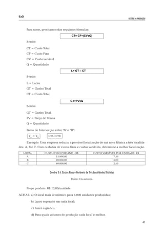 EaD
                                                                                               gestão da produção




      Para tanto, precisamos das seguintes fórmulas:

                                                ct= cf+(cVxQ)

      Sendo:

      CT = Custo Total
      CF = Custo Fixo
      CV = Custo variável
      Q = Quantidade

                                               L= Gt – ct

      Sendo:

      L = Lucro
      GT = Ganho Total
      CT = Custo Total

                                               Gt=pVxQ
      Sendo:

      GT = Ganho Total
      PV = Preço de Venda
      Q = Quantidade

      Ponto de Intersecção entre “A” e “B”:
	         YA = YB	       CTA=CTB

      Exemplo: Uma empresa reduziu a provável localização de sua nova fábrica a três localida-
des: A, B e C. Com os dados de custos fixos e custos variáveis, determine a melhor localização.

    LOCAL             CUSTO FIXO POR ANO : R$                         CUSTO VARIÁVEL POR UNIDADE: R$
      A                      15.000,00                                             7,50
      B                      20.000,00                                             5,00
      C                      40.000,00                                             2,50


                          Quadro 3.4: Custos Fixos e Variáveis de Três Localidades Distintas

                                               Fonte: Os autores.


      Preço produto: R$ 13,00/unidade

ACHAR: a) O local mais econômico para 6.000 unidades produzidas;

      	    b) Lucro esperado em cada local;

            c) Fazer o gráfico;

            d) Para quais volumes de produção cada local é melhor.

                                                                                                              41
 