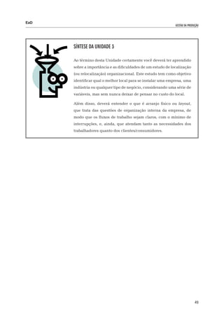 EaD
                                                              gestão da produção




      Síntese da Unidade 3

      Ao término desta Unidade certamente você deverá ter aprendido
      sobre a importância e as dificuldades de um estudo de localização
      (ou relocalização) organizacional. Este estudo tem como objetivo
      identificar qual o melhor local para se instalar uma empresa, uma
      indústria ou qualquer tipo de negócio, considerando uma série de
      variáveis, mas sem nunca deixar de pensar no custo do local.

      Além disso, deverá entender o que é arranjo físico ou layout,
      que trata das questões de organização interna da empresa, de
      modo que os fluxos de trabalho sejam claros, com o mínimo de
      interrupções, e, ainda, que atendam tanto as necessidades dos
      trabalhadores quanto dos clientes/consumidores.




                                                                             49
 