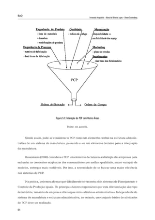 EaD
                                                                 Fernanda Pasqualini – Alceu de Oliveira Lopes – Dieter Siedenberg




                              Figura 5.1: Interação do PCP com Outras Áreas


                                         Fonte: Os autores.



      Sendo assim, pode-se considerar o PCP como um elemento central na estrutura adminis-
trativa de um sistema de manufatura, passando a ser um elemento decisivo para a integração
da manufatura.


      Russomano (2000) considera o PCP um elemento decisivo na estratégia das empresas para
enfrentar as crescentes exigências dos consumidores por melhor qualidade, maior variação de
modelos, entregas mais confiáveis. Por isso, a necessidade de se buscar uma maior eficiência
nos sistemas de PCP.


      Na prática, podemos afirmar que dificilmente se encontra dois sistemas de Planejamento e
Controle da Produção iguais. Os principais fatores responsáveis por esta diferenciação são: tipo
de indústria, tamanho da empresa e diferenças entre estruturas administrativas. Independente do
sistema de manufatura e estrutura administrativa, no entanto, um conjunto básico de atividades
de PCP deve ser realizado.

64
 