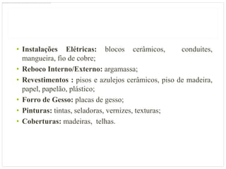 • Instalações Elétricas: blocos cerâmicos,          conduites,
  mangueira, fio de cobre;
• Reboco Interno/Externo: argamassa;
• Revestimentos : pisos e azulejos cerâmicos, piso de madeira,
  papel, papelão, plástico;
• Forro de Gesso: placas de gesso;
• Pinturas: tintas, seladoras, vernizes, texturas;
• Coberturas: madeiras, telhas.
 