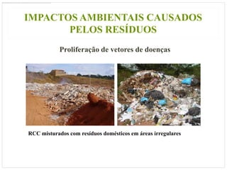 IMPACTOS AMBIENTAIS CAUSADOS
       PELOS RESÍDUOS
            Proliferação de vetores de doenças




RCC misturados com resíduos domésticos em áreas irregulares
 