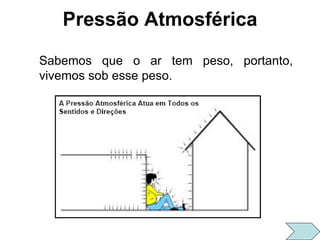 Pressão Atmosférica Sabemos que o ar tem peso, portanto, vivemos sob esse peso. 