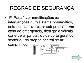 REGRAS DE SEGURANÇA 1º. Para fazer modificações ou intervenções num sistema pneumático, este nunca deve estar sob pressão. Em caso de emergência, desligar a válvula corte de ar parcial, ou de corte geral do sector ou da própria central de ar comprimido. 