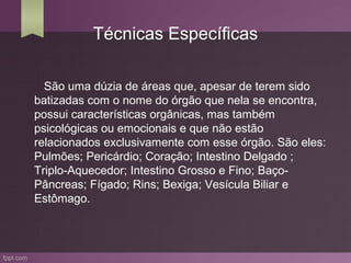 Técnicas Específicas

  São uma dúzia de áreas que, apesar de terem sido
batizadas com o nome do órgão que nela se encontra,
possui características orgânicas, mas também
psicológicas ou emocionais e que não estão
relacionados exclusivamente com esse órgão. São eles:
Pulmões; Pericárdio; Coração; Intestino Delgado ;
Triplo-Aquecedor; Intestino Grosso e Fino; Baço-
Pâncreas; Fígado; Rins; Bexiga; Vesícula Biliar e
Estômago.
 