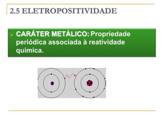 2.5 ELETROPOSITIVIDADE

   CARÁTER METÁLICO: Propriedade
    periódica associada à reatividade
    química.
 