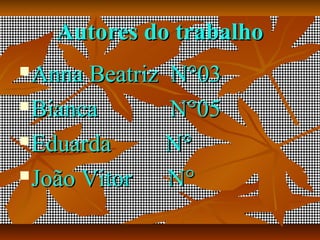 Autores do trabalhoAutores do trabalho
Anna Beatriz N°03Anna Beatriz N°03
Bianca N°05Bianca N°05
Eduarda N°Eduarda N°
João Vitor N°João Vitor N°
 