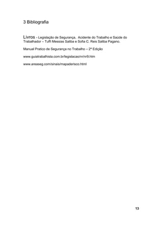 3 Bibliografia
Livros - Legislação de Segurança, Acidente do Trabalho e Saúde do
Trabalhador – Tuffi Messias Saliba e Sofia C. Reis Saliba Pagano.
Manual Pratico de Segurança no Trabalho – 2ª Edição
www.guiatrabalhista.com.br/legislacao/nr/nr9.htm
www.areaseg.com/sinais/mapaderisco.html
13
 