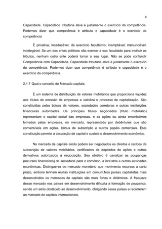 8

Capacidade. Capacidade tributária ativa é justamente o exercício da competência.
Podemos dizer que competência é atributo e capacidade é o exercício da
competência
É privativa; incaducável; de exercício facultativo; inampliável; irrenunciável;
indelegável. Se um dos entes políticos não exercer a sua faculdade para instituir os
tributos, nenhum outro ente poderá tomar o seu lugar. Não se pode confundir
Competência com Capacidade. Capacidade tributária ativa é justamente o exercício
da competência. Podemos dizer que competência é atributo e capacidade é o
exercício da competência.
2.1.7 Qual o conceito de Mercado capitais:
É um sistema de distribuição de valores mobiliários que proporciona liquidez
aos títulos de emissão de empresas e viabiliza o processo de capitalização. São
constituídas pelas bolsas de valores, sociedades corretoras e outras instituições
financeiras

autorizadas.

Os

principais

títulos

negociados

(título

mobiliário)

representam o capital social das empresas, e as ações ou ainda empréstimos
tomados pelas empresas, no mercado, representado por debêntures que são
conversíveis em ações, bônus de subscrição e outros papéis comerciais. Esta
constituição permite a circulação de capital e custeia o desenvolvimento econômico.
No mercado de capitais ainda podem ser negociados os direitos e recibos de
subscrição de valores mobiliários, certificados de depósitos de ações e outros
derivativos autorizados à negociação. Seu objetivo é canalizar as poupanças
(recursos financeiros) da sociedade para o comércio, a indústria e outras atividades
econômicas. Distingue-se do mercado monetário que movimenta recursos a curto
prazo, embora tenham muitas instituições em comum.Nos países capitalistas mais
desenvolvidos os mercados de capitais são mais fortes e dinâmicos. A fraqueza
desse mercado nos países em desenvolvimento dificulta a formação de poupança,
sendo um sério obstáculo ao desenvolvimento, obrigando esses países a recorrerem
ao mercado de capitais internacionais.

 