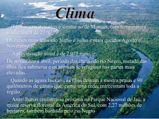 O clima característico é similar ao de Manaus, com temperatura
média anual de 27 ºC.
Os meses mais frios são Junho e Julho e mais quentes Agosto e
Novembro.
A precipitação anual é de 2.075 mm.
De novembro a abril, período das cheias do rio Negro, metade das
ilhas fica submersa e os animais se refugiam nas partes mais
elevadas.
Quando as águas baixam, as ilhas deixam à mostra praias e 90
quilômetros de canais que, como uma rede, entrecortam toda a
região.
Anavilhanas encontra-se próxima ao Parque Nacional de Jaú, a
maior reserva florestal da América do Sul, com 2,27 milhões de
hectares, também banhada pelo rio Negro.

 