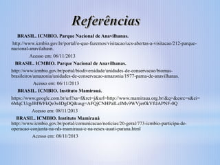 BRASIL. ICMBIO. Parque Nacional de Anavilhanas.
http://www.icmbio.gov.br/portal/o-que-fazemos/visitacao/ucs-abertas-a-visitacao/212-parquenacional-anavilahasn.

Acesso em: 06/11/2013
BRASIL. ICMBIO. Parque Nacional de Anavilhanas.
http://www.icmbio.gov.br/portal/biodiversidade/unidades-de-conservacao/biomasbrasileiros/amazonia/unidades-de-conservacao-amazonia/1977-parna-de-anavilhanas.
Acesso em: 06/11/2013
BRASIL. ICMBIO. Instituto Mamirauá.
https://www.google.com.br/url?sa=f&rct=j&url=http://www.mamiraua.org.br/&q=&esrc=s&ei=
6MqCUqylBIWFkQe3s4DgDQ&usg=AFQjCNHPaILcIMv9WVjer0kVftJAPNF-0Q
Acesso em: 08/11/2013
BRASIL. ICMBIO. Instituto Mamirauá
http://www.icmbio.gov.br/portal/comunicacao/noticias/20-geral/773-icmbio-participa-deoperacao-conjunta-na-rds-mamiraua-e-na-resex-auati-parana.html
Acesso em: 08/11/2013

 