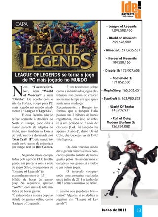 CAPA

- League of Legends:
1,292,502,456
- World of Warcraft:
622,378,909
- Minecraft: 371,635,651
- Heroes of Newerth:
184,520,156

LEAGUE OF LEGENDS se torna o jogo
de PC mais jogado no MUNDO

N

em “Counter-Strike”, nem “World
of Warcraft” e nem
“Diablo”. De acordo com o
site da Forbes, o jogo para PC
mais jogado no mundo atualmente é “League of Legends”.
	
E essa façanha não se
refere somente à América do
Norte e Europa, onde está a
maior parcela de adeptos do
título, mas também na Coreia
do Sul, outrora dominada por
“StarCraft II”, está sendo tomada pelo game de estratégia
em tempo real da Riot Games.
	
Segundo dados compilados pela agência DFC Intelligence em parceria com a rede
de jogos Xfire, os jogadores de
“League of Legends” já
acumularam mais de 1.3
bilhão de horas de gameplay. Na sequência, aparece
“WoW”, com mais de 600 milhões de horas gastas.
“É estupenda a imensa popularidade de games online como
‘League of Legends’.

	
É um testamento sobre
como a indústria dos jogos eletrônicos não param de crescer
ao mesmo tempo em que apresenta uma mudança.
Recentemente, a Bungie informou que a franquia Halo
passou das 2 bilhões de horas
registradas, mas isso se refere a um período de 7 anos de
cálculos [LoL foi lançado há
apenas 3 anos]”, disse David
Cole, chefe-executivo da DFC
Intelligence.
	
	
Os dois veículos ainda
divulgaram números mais concretos quanto ao total de horas
gastas pelos fãs americanos e
europeus nos games já citados
e em outros jogos.
	
O intervalo compreende uma pesquisa realizada
entre julho de 2011 e junho de
2012 com os usuários do Xfire.

- Diablo III: 172,907,605
- Battlefield 3:
171,852,550
- MapleStory: 165,503,651
- StarCraft II: 163,980,293
- World Of Tanks:
145,702,931
- Call of Duty:
Modern Warfare 3:
126,754,082

E quanto aos jogadores brasileiros? Alguém aí se dedica à
jogatina em “League of Legends”?

Junho de 2013

13

 