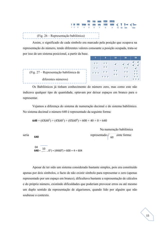 15
Assim, o significado de cada símbolo era marcado pela posição que ocupava na
representação do número, tendo diferentes valores consoante a posição ocupada, trata-se
por isso de um sistema posicional, a partir da base.
Os Babilónicos já tinham conhecimento do número zero, mas como este não
indicava qualquer tipo de quantidade, optavam por deixar espaços em branco para o
representar.
Vejamos a diferença do sistema de numeração decimal e do sistema babilónico.
No sistema decimal o número 640 é representado da seguinte forma:
640 = (6X602
) + (4X601
) + (0X600
) = 600 + 40 + 0 = 640
Na numeração babilónica
seria representado da seguinte forma:
Apesar de ter sido um sistema considerado bastante simples, pois era constituído
apenas por dois símbolos, o facto de não existir símbolo para representar o zero (apenas
representado por um espaço em branco), dificultava bastante a representação de cálculos
e do próprio número, existindo dificuldades que poderiam provocar erros ou até mesmo
um duplo sentido da representação de algarismos, quando lido por alguém que não
soubesse o contexto.
(Fig. 26 – Representação babilónica)
640
640 = (10X601
) + (4X600
) = 600 + 4 = 604
60
10
04
(Fig. 27 – Representação babilónica de
diferentes números)
 