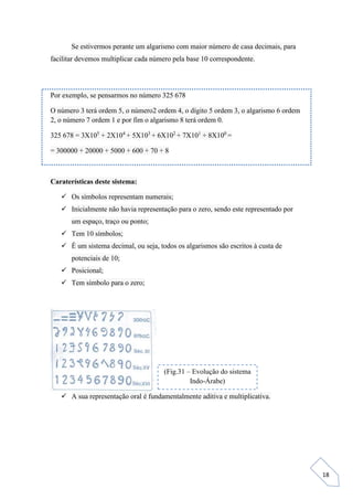 18
Se estivermos perante um algarismo com maior número de casa decimais, para
facilitar devemos multiplicar cada número pela base 10 correspondente.
Por exemplo, se pensarmos no número 325 678
O número 3 terá ordem 5, o número2 ordem 4, o dígito 5 ordem 3, o algarismo 6 ordem
2, o número 7 ordem 1 e por fim o algarismo 8 terá ordem 0.
325 678 = 3X105
+ 2X104
+ 5X103
+ 6X102
+ 7X101
+ 8X100
=
= 300000 + 20000 + 5000 + 600 + 70 + 8
Caraterísticas deste sistema:
 Os símbolos representam numerais;
 Inicialmente não havia representação para o zero, sendo este representado por
um espaço, traço ou ponto;
 Tem 10 símbolos;
 É um sistema decimal, ou seja, todos os algarismos são escritos à custa de
potenciais de 10;
 Posicional;
 Tem símbolo para o zero;
 A sua representação oral é fundamentalmente aditiva e multiplicativa.
(Fig.31 – Evolução do sistema
Indo-Árabe)
 