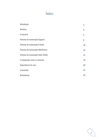 2
Índice
Introdução
História
Conceitos
Sistema de numeração Egípcio
Sistema de numeração Chinês
Sistema de numeração Babilónico
Sistema de numeração Indo-Árabe
Comparação entre os sistemas
Importância do zero
Conclusão
Referências
3
4
5
6
10
14
17
19
20
21
22
 