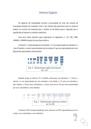 6
Sistema Egípcio
Os egípcios da Antiguidade tiveram a necessidade de criar um sistema de
numeração baseado em conjuntos. Este é um sistema não posicional, pois os números
podem ser escritos da esquerda para a direita ou da direita para a esquerda que o
significado do número se mantêm inalterável.
Este povo tinha símbolos para representar os algarismos 1, 10, 100, 1000,
100000 e 1000000 sempre de uma forma aditiva.
O número 1 é representado por um bastão |, o 2 era representado por ||bastões e o
3 por ||| bastões, e assim sucessivamente até ao número 9 que era representado por nove
figuras das apresentadas anteriormente.
Quando chega ao número 10 o símbolo muda para um calcanhar, ∩. Assim, o
número 11 era representado por um calcanhar e um bastão, o 12 com um calcanhar e
dois bastões, o 20 por dois calcanhares, e assim seria até ao 99 que seria representado
por nove calcanhares e nove bastões.
O número 100 era representado por uma corda até ao 999, representado por nove
cordas, nove calcanhares e nove bastões).
(Fig. 4 – Representação egípcia dos números
de 1 a 9)
(Fig. 5 – Representação egípcia dos números
de 10 a 90)
 