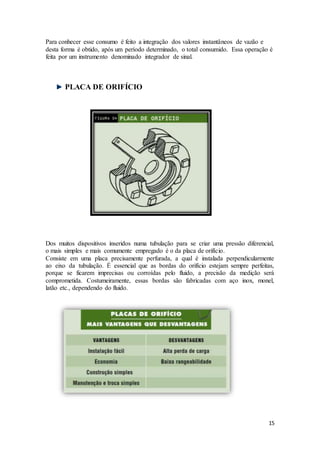 15
Para conhecer esse consumo é feito a integração dos valores instantâneos de vazão e
desta forma é obtido, após um período determinado, o total consumido. Essa operação é
feita por um instrumento denominado integrador de sinal.
PLACA DE ORIFÍCIO
Dos muitos dispositivos inseridos numa tubulação para se criar uma pressão diferencial,
o mais simples e mais comumente empregado é o da placa de orifício.
Consiste em uma placa precisamente perfurada, a qual é instalada perpendicularmente
ao eixo da tubulação. É essencial que as bordas do orifício estejam sempre perfeitas,
porque se ficarem imprecisas ou corroídas pelo fluido, a precisão da medição será
comprometida. Costumeiramente, essas bordas são fabricadas com aço inox, monel,
latão etc., dependendo do fluido.
 