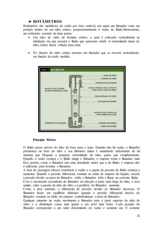 21
ROTÂMETROS
Rotâmetros são medidores de vazão por área variável, nos quais um flutuador varia sua
posição dentro de um tubo cônico, proporcionalmente à vazão do fluido.Basicamente,
um rotâmetro consiste de duas partes:
 Um tubo de vidro de formato cônico, o qual é colocado verticalmente na
tubulação em que passará o fluido que queremos medir. A extremidade maior do
tubo cônico ficará voltada para cima.
 No interior do tubo cônico teremos um flutuador que se moverá verticalmente,
em função da vazão medida.
Princípio Básico
O fluido passa através do tubo da base para o topo. Quando não há vazão, o flutuador
permanece na base do tubo e seu diâmetro maior é usualmente selecionado de tal
maneira que bloqueie a pequena extremidade do tubo, quase que completamente.
Quando a vazão começa e o fluido atinge o flutuador, o empuxo torna o flutuador mais
leve; porém, como o flutuador tem uma densidade maior que a do fluido, o empuxo não
é suficiente para levantar o flutuador.
A área de passagem oferece resistência à vazão e a queda de pressão do fluido começa a
aumentar. Quando a pressão diferencial, somada ao efeito de empuxo do líquido, excede
a pressão devido ao peso do flutuador, então o flutuador sobe e flutua na corrente fluida.
Com o movimento ascendente do flutuador em direção à parte mais larga do tubo, a área
anular, entre a parede do tubo de vidro e a periferia do flutuador, aumenta.
Como a área aumente, o diferencial de pressão devido ao flutuador decresce. O
flutuador ficará em equilíbrio dinâmico quando a pressão diferencial através do
flutuador somada ao efeito do empuxo contrabalançar o peso do flutuador.
Qualquer aumento na vazão movimenta o flutuador para a parte superior do tubo de
vidro e a diminuição causa uma queda a um nível mais baixo. Cada posição do
flutuador corresponde a um valor determinado de vazão e somente um. É somente
 
