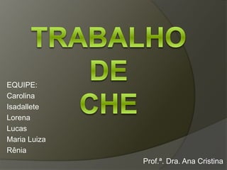 EQUIPE:
Carolina
Isadallete
Lorena
Lucas
Maria Luiza
Rênia
Prof.ª. Dra. Ana Cristina
 