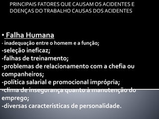 PRINCIPAIS FATORES QUE CAUSAM OS ACIDENTES E
DOENÇAS DOTRABALHO CAUSAS DOS ACIDENTES
• Falha Humana
· inadequação entre o homem e a função;
-seleção ineficaz;
-falhas de treinamento;
-problemas de relacionamento com a chefia ou
companheiros;
-política salarial e promocional imprópria;
-clima de insegurança quanto à manutenção do
emprego;
-diversas características de personalidade.
 