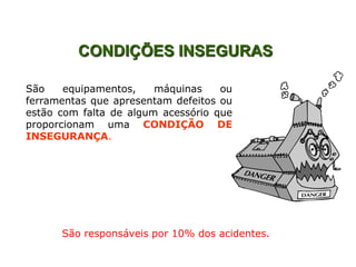 São equipamentos, máquinas ou
ferramentas que apresentam defeitos ou
estão com falta de algum acessório que
proporcionam uma CONDIÇÃO DE
INSEGURANÇA.
CONDIÇÕES INSEGURAS
São responsáveis por 10% dos acidentes.
 