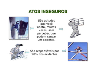 São atitudes
que você
adota, muitas
vezes, sem
perceber, que
podem causar
um acidente.
ATOS INSEGUROS
São responsáveis por
90% dos acidentes
 