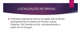 LOCALIZAÇÃO NO BRASIL
 A floresta subtropical ocorre na região Sul do Brasil,
principalmente no interior do Paraná, Santa
Catarina, Rio Grande do Sul, acompanhando a
bacia do rio Uruguai.
 