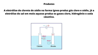 ESCREVA SEU
TEMA OU IDEIA
Faça um breve resumo sobre o que você
quer discutir.
Produtos
A eletrólise do cloreto de sódio na forma ígnea produz gás cloro e sódio, já a
eletrólise do sal em meio aquoso produz os gases cloro, hidrogênio e soda
cáustica.
 