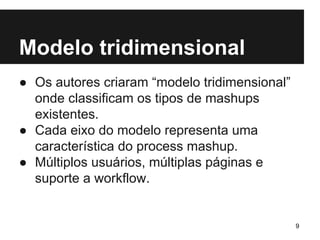 Modelo tridimensional 
● Os autores criaram “modelo tridimensional” 
onde classificam os tipos de mashups 
existentes. 
● Cada eixo do modelo representa uma 
característica do process mashup. 
● Múltiplos usuários, múltiplas páginas e 
suporte a workflow. 
9 
 