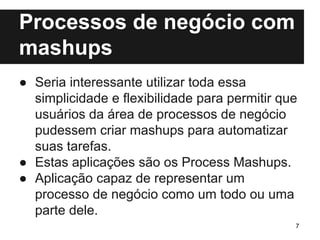 Processos de negócio com 
mashups 
● Seria interessante utilizar toda essa 
simplicidade e flexibilidade para permitir que 
usuários da área de processos de negócio 
pudessem criar mashups para automatizar 
suas tarefas. 
● Estas aplicações são os Process Mashups. 
● Aplicação capaz de representar um 
processo de negócio como um todo ou uma 
parte dele. 
7 
 
